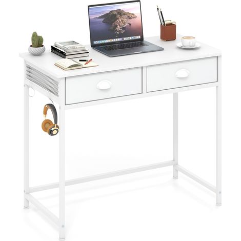COSTWAY Computer Desk Space Saving Home Office Desk w/2 Fabric Drawers-White (1/5)
