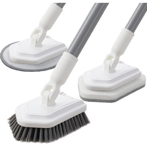 Cepillo de limpieza para baño 3 en 1 con mango largo (135 cm)  Cepillo telescópico para ducha, bañera y suelos con cerdas rígidas, esponja y microfibra. (1/5)
