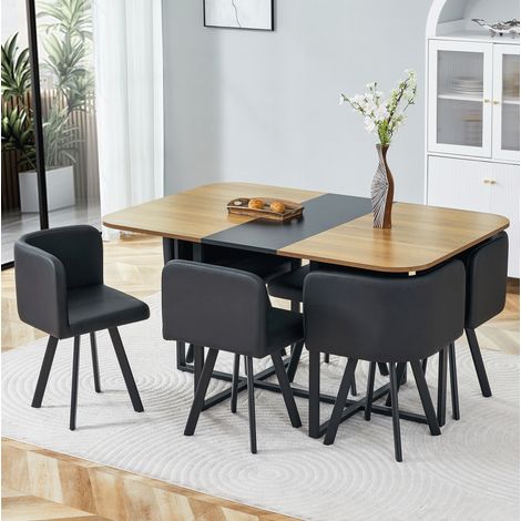 Set tavolo e sedie allungabile da 4 a 6 posti, MDF, metallo nero ed effetto legno DESVIAE (1/5)