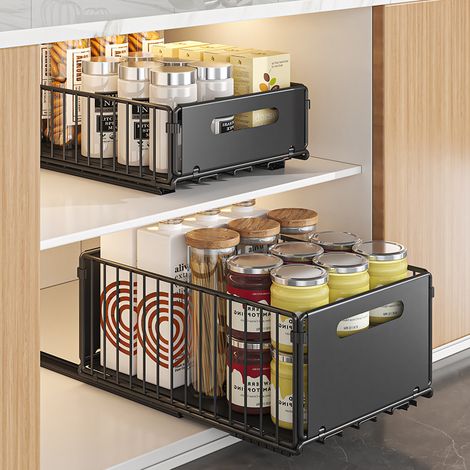 Set mit 2 Küchenschubladen-Organizern, Schiebeschubladen, Küchenschrank-Schubladen-Organizer (schwarz, 37,5 x 24,5 x 19 cm (T x H)/37,5 x 24,5 x 10 cm (H x B))