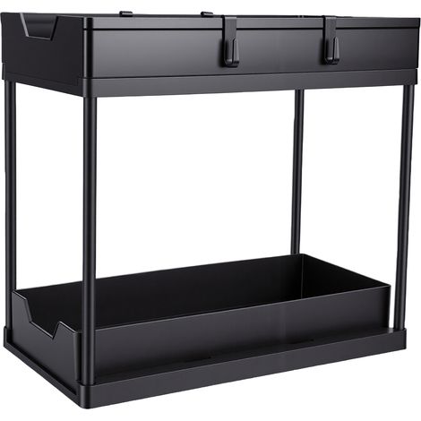 Organisateur sous évier à 2 niveaux avec tiroir coulissant pour produits d'entretien, éponges, salle de bain, garde-manger, double étagère noire (1/5)