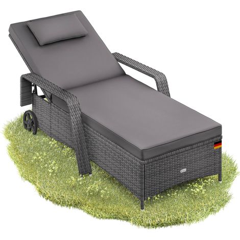 CASARIA® Tumbona Jardín Poliratán Soporta hasta 160Kg 193x90x43cm Reclinable Resistente Intemperie Ruedas Cojines Grau Anthrazit (de)
