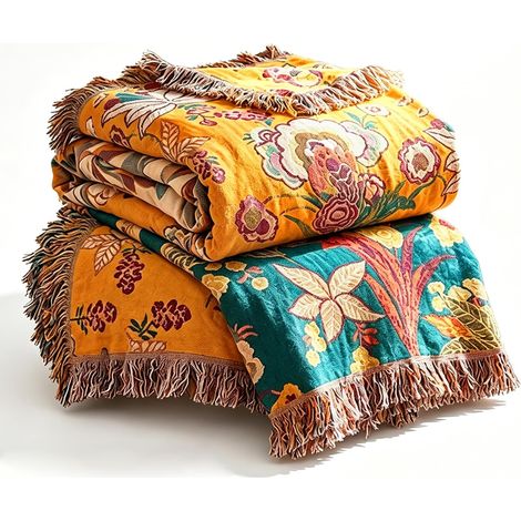 Plaid Canapé en Coton Orange Vert Floral Couverture Jeté Canapé Boho Réversible Couvre Lit Fauteuil Dessus Grande Taille Bohème, 200x230cm (1/5)