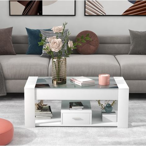 Tavolino 100x50x40 cm con piano in vetro, 1 cassetto e ripiano aperto, per soggiorno, bianco (1/5)