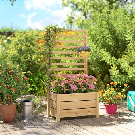 Fioriera con traliccio, cassetta da fiori con schermo per la privacy, foro di drenaggio e rivestimento interno, 60 x 39 x 120 cm, legno naturale