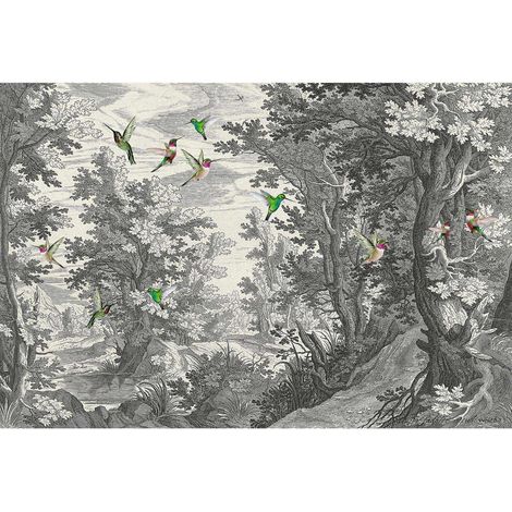 Papier peint panoramique paysage noir et blanc Tapisserie panoramique forêt oiseaux colorés Papier peint panoramique tendance pour chambre (1/2)