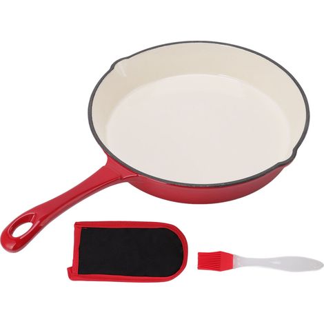 Poêle en fonte émaillée, une pièce, manche Long, rouge, diamètre 25cm, conception ergonomique, friture de cuisine pour la cuisine (1/5)