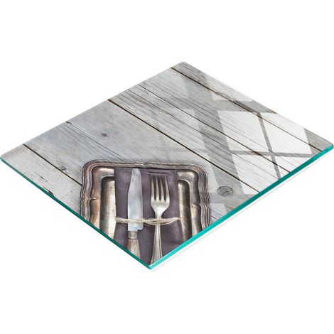 Elegante e resistente tagliere in vetro con stampa di posate su tavola, 60x52 cm. (1/5)