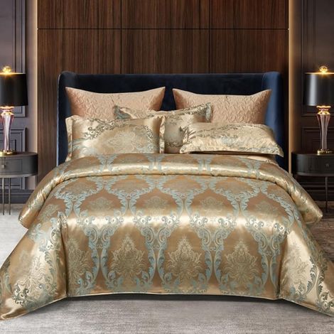 Parure de lit 200x200 cm - Or Beige - En satin de soie - Motif romantique baroque - Parure de lit réversible - Ensemble de 3 pièces - Housse de couette avec fermeture éclair et 2 taies (1/5)