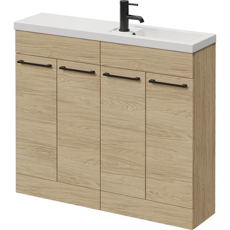 Napoli 250 Light Oak 1000mm 4 Door Vanity Unit with Square Silvo Basin - 1000mm - Matt Black 160mm Handle