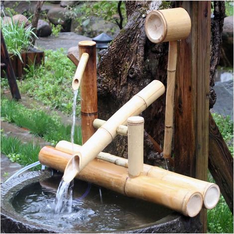 Fontaine en bambou de style japonais avec kit pompe, effarouchement naturel résistant aux fissures pour jardin pelouse – d'extérieur - (1/5)