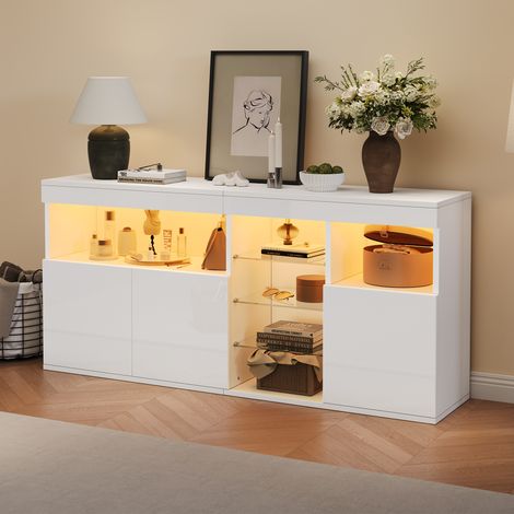 Credenza 155,5/35/72 cm bianca lucida con LED, 3 ante e ripiani in vetro (1/5)