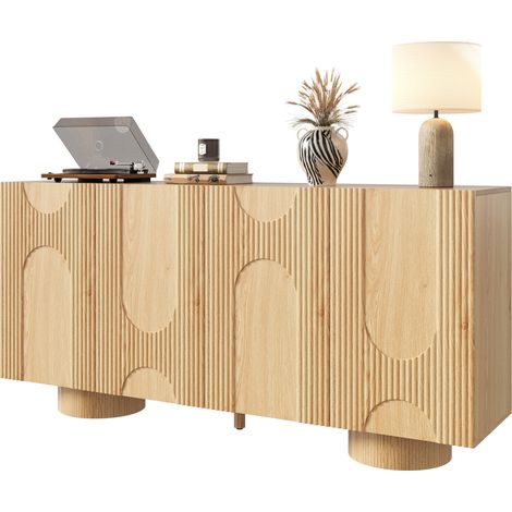Buffet 4 portes en bois clair, meuble à chaussures et sideboard avec étagères réglables, style rainuré pour entrée, salon ou salle à manger CHICFURN (1/5)