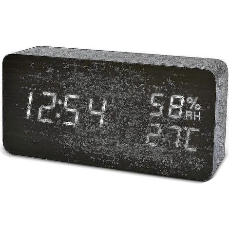 Réveil numérique en bois, affichage LED de l'heure, horloge de bureau numérique en bois, 3 niveaux de luminosité et réglage de la température (taille, couleur : bois noir, police blanche rectangulaire (1/5)