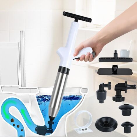 Desatascador de desagües de alta presión (4 adaptadores), bomba descalcificadora profesional con compresor de aire y manómetro - Para inodoro, lavabo, ducha y cocina - Antiobstrucción de tuberías (1/5)