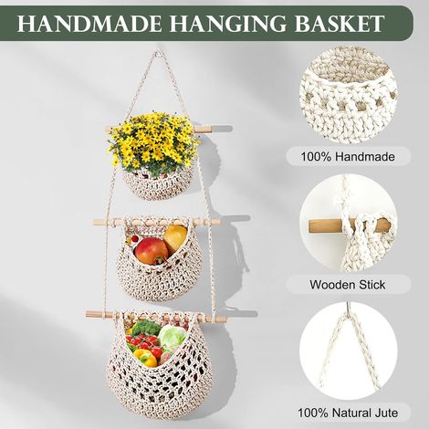 Corbeille de Rangement Suspendue, Panier Mural de Cuisine pour Fruits et Légumes