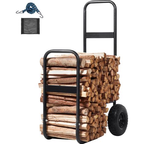 Chariot à Bois, 113,4 kg, Transporteur de Bûches avec Roues Pneumatiques, Acier Robust, pour Intérieur et Extérieur, Cheminée et Foyer, Noir (1/5)
