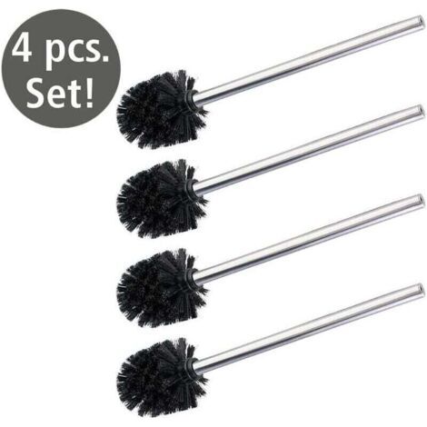 QORVA-Lot de 4 Brosses WC de rechange , brosse WC noire avec manche en acier inox, format économique, Plastique - acier inox, 8x35cm, brillant - noir