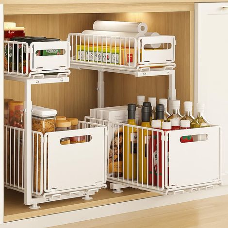 Rangement sous Évier en Métal à 2 Niveaux avec Tiroir de Rangement Coulissant Étagère sous Évier Organiseur pour Cuisine et Salle de Bain Acier au Carbone Hauteur Réglable (Blanc-2 Packs)