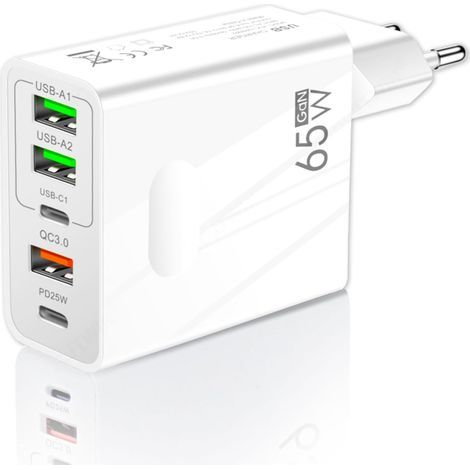 Chargeur USB 65 W avec 5 ports : 2 USB-C + 3 USB-A Charge rapide QC 3.0 Compatible avec Samsung, iPhone, Xiaomi, etc. (1/5)