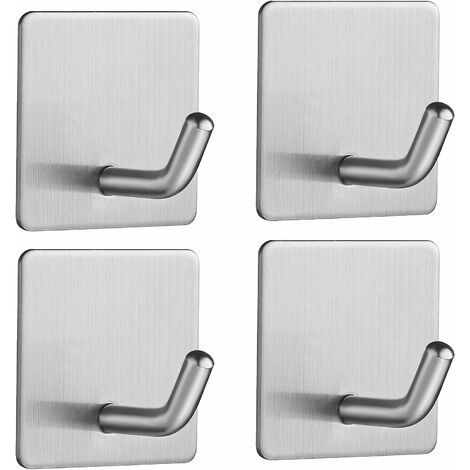 Crochet Adhesif 4 Pièces Crochet Mural En Acier Inox Sans Perçage Porte Serviette Avec Scotch Adhésif Crochets De Salle De Bains Salon Et Cuisine Pour La Serviette De Bain Patere Carré - Argent Mat (1/5)