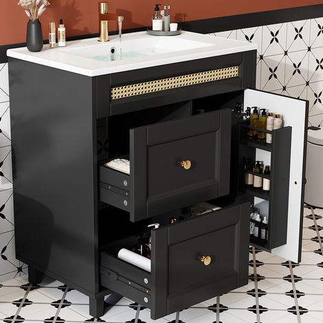 Mobile lavabo freestanding in MDF e ceramica nero 76x46x86,5 cm con 2 cassetti e 2 ante (1/5)