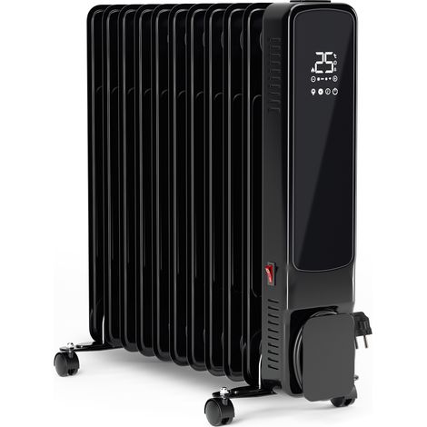 Jiubiaz Chauffage d’appoint à bain d’huile 2500 W, WiFi, 11 éléments, réglage 5-35 °C, télécommande, panneau vitré et roulettes, noir (1/5)