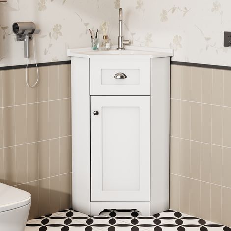 Modernluxe - Meuble de salle de bain - avec une vasque en céramique - avec 1 porte - Blanc (robinet non inclus) (1/5)