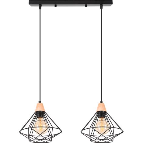 2 Lights Chandelier Industrial Retro Cage Made of Metal E27 Wooden Ceiling Lamp for Bedroom Living Room Dining Room Black (1/5)