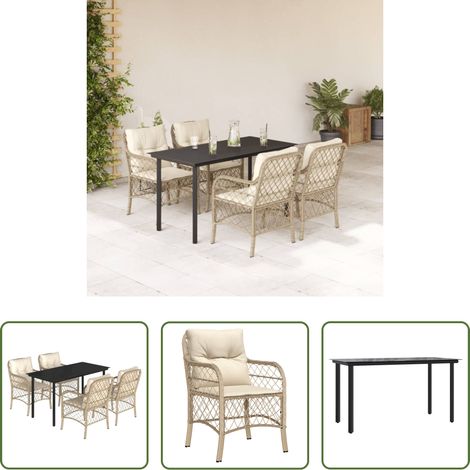 Gartenessgruppe - 5-tlg. Garten-Essgruppe mit Kissen Beige Poly Rattan (1/5)
