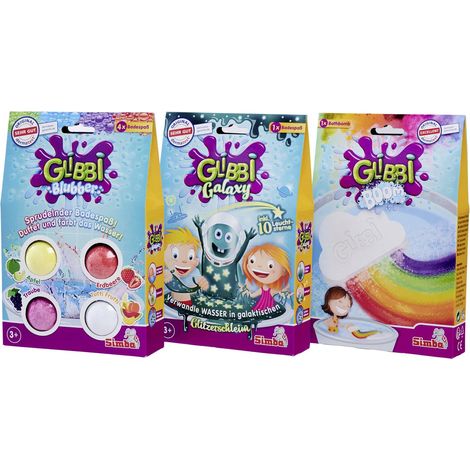 Simba Glibbi 109100990 - Set da 3 Pezzi, Galaxy, Boom, Giocattolo per Vasca da Bagno per Bambini dai 3 Anni in su, Schiuma Colorata per la Vasca da Bagno, Colla Glitterata con Stelle GID, Bomba da (1/5)