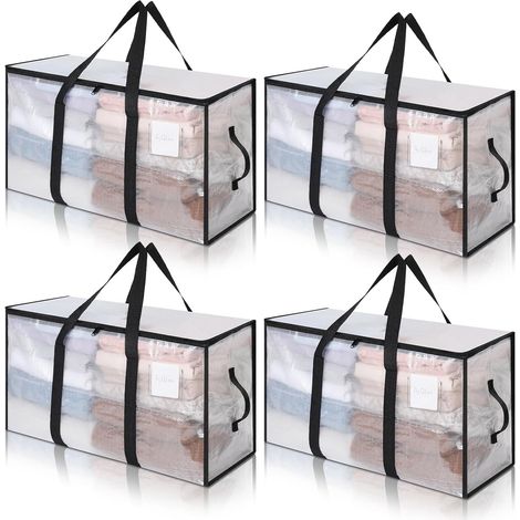 Grand Sac de Rangement Lot de 4 avec Couvercle, Sac de Rangement pour Couette Pliable Imperméable avec Fermeture éclair et poignée pour Déménagement, Camping, Linge de lit, Rangement des (1/5)