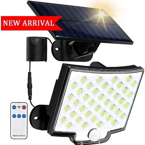 Projecteur solaire extérieur à 106 LED avec panneau séparé et détecteur de mouvement (160 LED), 3 modes d'éclairage, compatible avec jardin, garage, éclairage horticole et applique murale. (1/5)