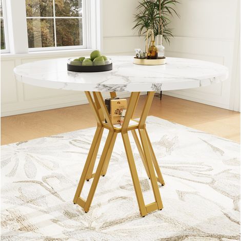 Tavolo da pranzo rotondo 100 x 100 x 76 cm, piano in MDF effetto marmo, metallo dorato (1/5)