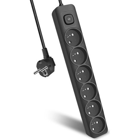 Multiprise Noire 6 Prises, Prise Multiple avec Interrupteur, Rallonge Electrique 1,5m 3G1,0 mm², 16A/250V 3680W, Multiprise avec Sécurité Enfant (1/5)
