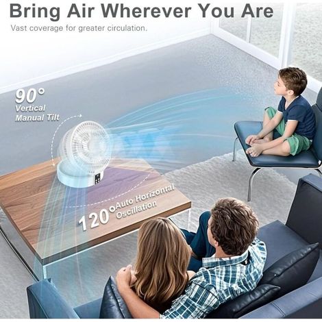 Ventilateur de table silencieux ultra puissant – 1000mAh rechargeable – Oscillation 120° – 3 vitesses – Télécommande et minuterie