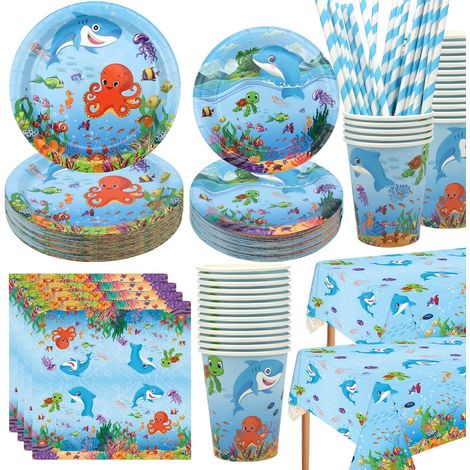 Under The Sea Party Supplies - Vaisselle Ocean Sea Party - Assiettes à dîner Assiettes desserts Tasses Serviettes Nappe Pailles pour décorations d’anniversaire du monde sous-marin (1/5)
