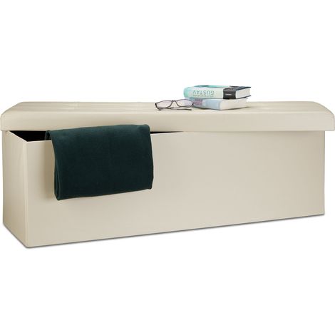 Relaxdays Banco plegable, Baúl de almacenaje XL, Asiento cómodo, Cuero sintético & MDF, 38 x 114 x 38 cm, Crema