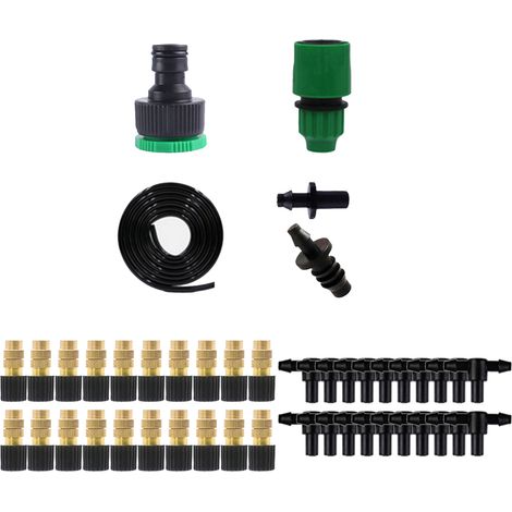 Kit d'irrigation goutte à goutte pour jardin avec adaptateur rapide, tuyau, raccord, té, buse de pulvérisation et bouchon.