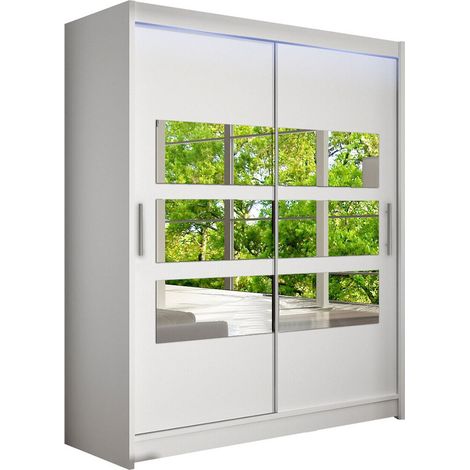 Armario Closico 157, Blanco, 200x150x58cm, Puertas de armario: Correderas, Número de estantes: 5, LED