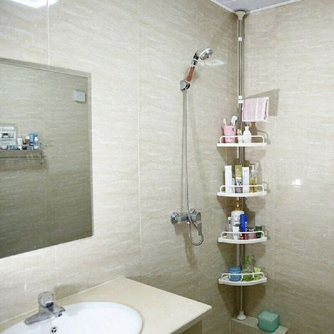 étagère D'angle Pour Salle De Bain Douche étagère D'angle Télescopique 4 étagères Avec Crochets (1/5)