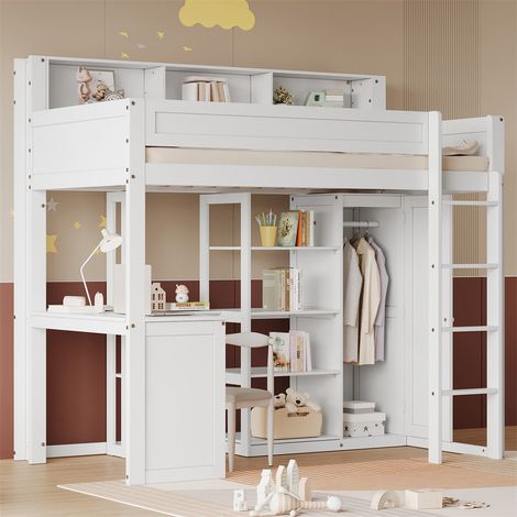 Lit mezzanine 90x200cm, lit enfant avec étagères de rangement et échelle, bureau, grille antichute, pin+MDF+contreplaqué, blanc (1/5)