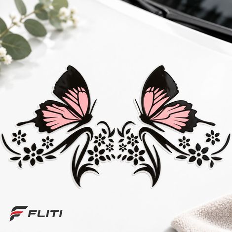 FLITI- Autocollants de Capot FLITI Paire, Noir et Rose, Motif Papillon et Fleur, PET Imperméable, Décoration Voiture SUV Camion (1/5)