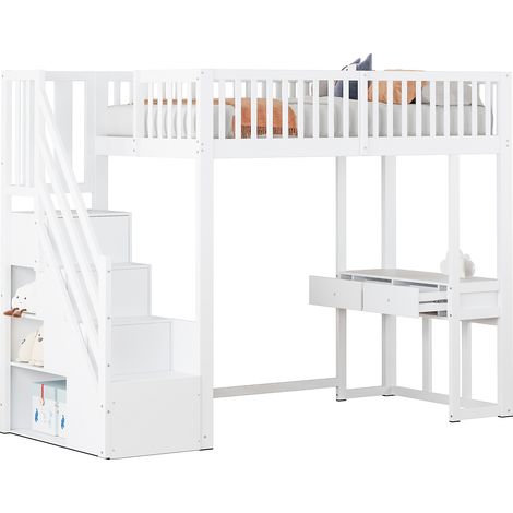 Cama alta 90 x 200 cm, individual con escalera de almacenaje y escritorio, sin colchón, Blanco (1/5)
