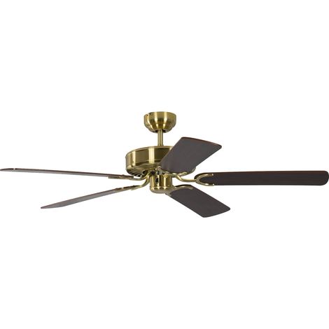 Ventilateur de plafond sans éclairage Laiton Satiné, lames réversibles Acajou ou Acajou avec rotin, 132 cm (1/5)