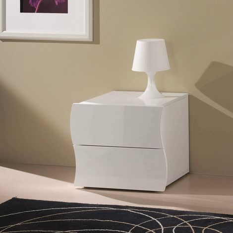 Dmora - Mesa de noche Dchies, Mesita de noche con 2 cajones, Dormitorio, 100% Made in Italy, cm 50x40h41, Blanco brillo (1/4)