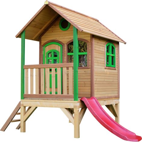 AXI – Cabane de jardin pour enfant avec toboggan rouge – Bois FSC – Hauteur 58 cm – Longueur toboggan 118 cm – Couleurs marron et vert