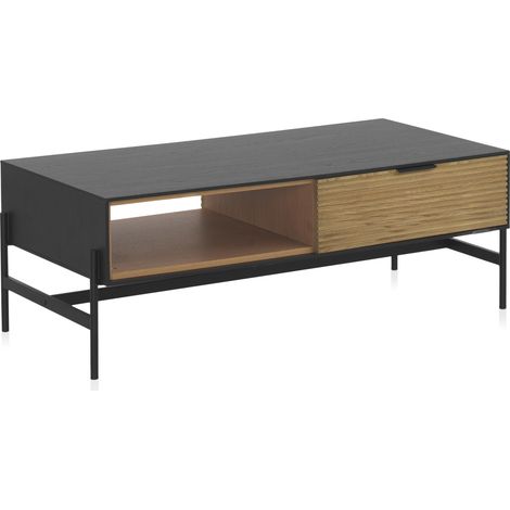 Table basse plaquée en frêne noir avec tiroirs naturels et pieds en métal noir (1/5)
