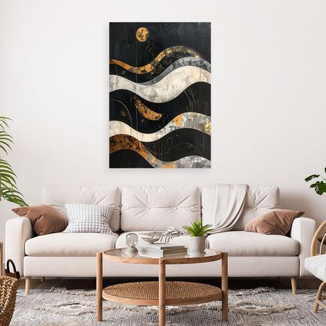 Wandbild Gold schwarze geometrische Abstraktion im Glamour Stil mit Wellen 60x90 (1/4)