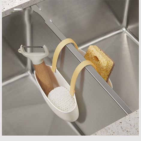 Égouttoir de cuisine suspendu avec trous d'évacuation, grande capacité, souple et flexible, jaune et blanc. (1/5)